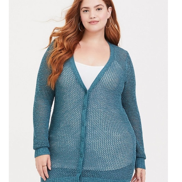 TORRID teal open knit boyfriend cardigan! - Picture 5 of 8